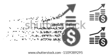 Grey vector financial chart icon in dispersed, pixelated halftone and undamaged solid variants. Disappearing effect uses rectangular particles.