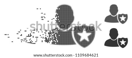 Grey vector user protection shield icon in dispersed, pixelated halftone and undamaged whole variants. Rectangular dots are used for disintegration effect.