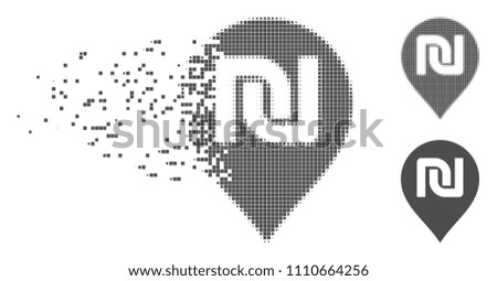 Gray vector shekel map marker icon in dispersed, dotted halftone and undamaged solid variants. Disintegration effect uses rectangle dots. Pieces are organized into dissolving shekel map marker symbol.