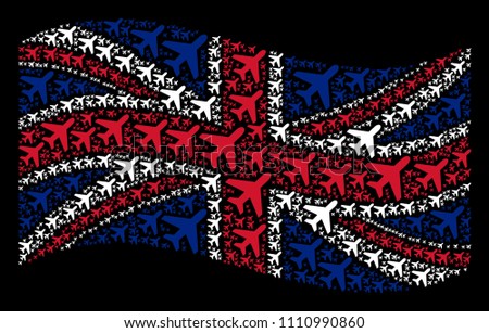 Waving English official flag on a black background. Vector air plane elements are formed into mosaic British flag abstraction. Patriotic illustration constructed of air plane design elements.