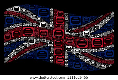 Waving UK flag on a black background. Vector license elements are arranged into geometric UK flag composition. Patriotic composition composed of license design elements.