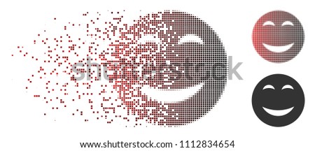 Vector happy smiley icon in dispersed, dotted halftone and undamaged solid variants. Disappearing effect uses square scintillas and horizontal gradient from red to black.
