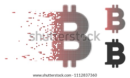 Vector Bitcoin icon in dissolved, pixelated halftone and undamaged whole variants. Disappearing effect uses square particles and horizontal gradient from red to black.