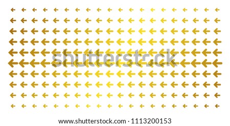 Arrow left icon golden halftone pattern. Vector arrow left shapes are organized into halftone grid with inclined gold gradient. Designed for backgrounds, covers, templates and abstract concepts.