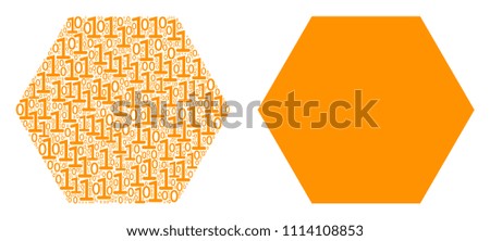 Filled hexagon collage icon of binary digits in different sizes. Vector digit symbols are combined into filled hexagon collage design concept.