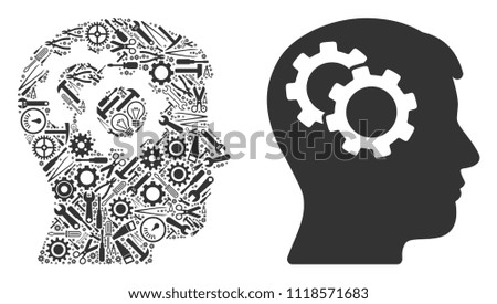 Intellect gears composition of service instruments. Vector intellect gears icon is formed of cogs, spanners and other equipment objects. Concept of technician service.