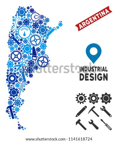 Industrial Argentina map mosaic of gearwheels, wrenches, hammers and other instruments. Abstract territory plan in blue color tinges. Vector Argentina map is composed of instruments.