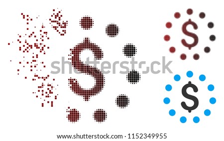 Vector dollar sign icon in sparkle, dotted halftone and undamaged entire variants. Disappearing effect involves square sparks and horizontal gradient from red to black.