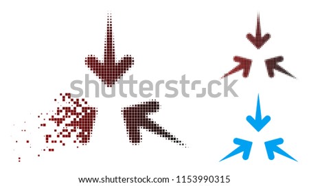 Vector impact arrows icon in dissolved, pixelated halftone and undamaged solid versions. Disappearing effect uses rectangular particles and horizontal gradient from red to black.