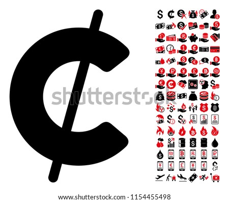 Cent icon. Vector illustration style is flat iconic symbols in black and red colors. Bonus contains 90 icons designed for business and commercial applications.