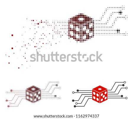 Digital dice circuit icon in sparkle, pixelated halftone and undamaged solid variants. Pixels are grouped into vector disappearing digital dice circuit symbol.