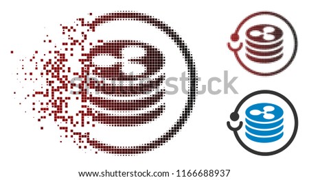 Ripple masternode icon in fractured, dotted halftone and undamaged solid versions. Pixels are composed into vector disappearing Ripple masternode symbol.