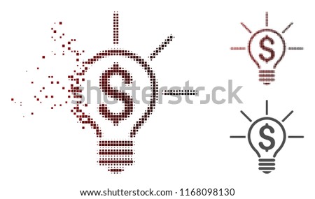 Financial idea bulb icon in dissolved, dotted halftone and undamaged entire versions. Pieces are grouped into vector sparkle financial idea bulb icon.