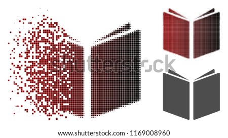 Open book icon in dissolved, dotted halftone and undamaged entire variants. Particles are organized into vector disappearing open book icon.