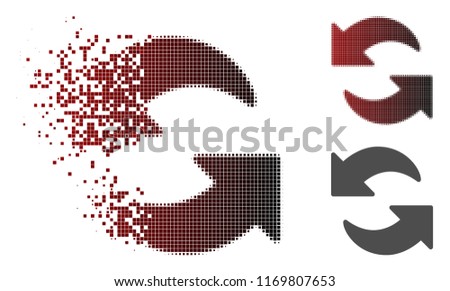Refresh icon in dissolved, dotted halftone and undamaged solid variants. Pixels are composed into vector dissolving refresh icon.