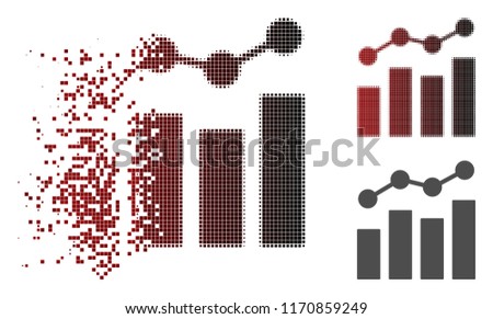 Stats charts icon in dispersed, dotted halftone and undamaged entire versions. Cells are organized into vector dispersed stats charts symbol.