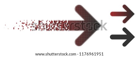 Arrow right icon in fractured, pixelated halftone and undamaged entire versions. Particles are combined into vector dissipated arrow right figure.
