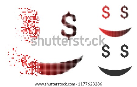 Millionaire smile icon in dispersed, pixelated halftone and undamaged entire versions. Points are grouped into vector dissolving millionaire smile icon.