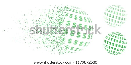 Dollar abstract sphere icon in fragmented, dotted halftone and whole variants. Particles are organized into vector dissolving dollar abstract sphere pictogram.