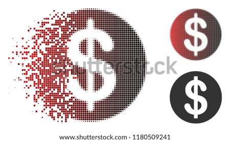 Dollar coin icon with face in dispersed, dotted halftone and undamaged whole versions. Cells are composed into vector dispersed dollar coin form.