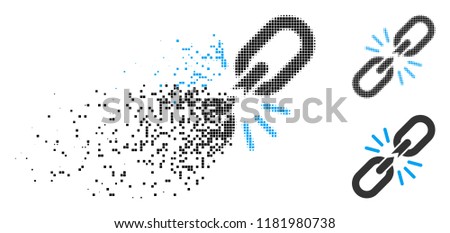 Break chain link icon in fractured, dotted halftone and whole variants. Pieces are combined into vector disappearing break chain link icon. Disappearing effect uses rectangle dots.