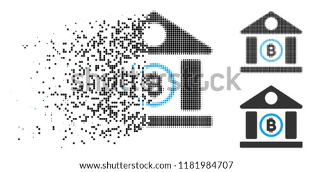 Bitcoin bank building icon in dispersed, pixelated halftone and entire variants. Cells are composed into vector dispersed Bitcoin bank building icon.