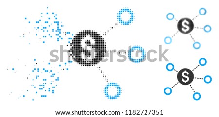 Dollar network links icon in dissolved, dotted halftone and solid versions. Pieces are combined into vector dissolving dollar network links icon. Disintegration effect uses square scintillas.