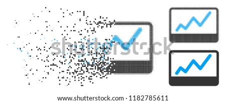 Stock market chart icon in fragmented, pixelated halftone and original variants. Particles are grouped into vector dispersed stock market chart icon. Disintegration effect involves rectangular dots.