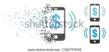 Payment phone ring icon in dissolved, dotted halftone and original versions. Pixels are organized into vector dissolving payment phone ring icon. Disintegration effect uses square dots.