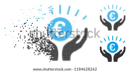 Euro prosperity icon in dissolved, dotted halftone and solid versions. Cells are grouped into vector disappearing Euro prosperity shape. Disappearing effect involves rectangle particles.