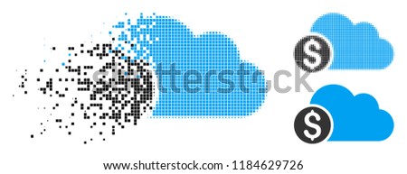 Banking cloud icon in fragmented, pixelated halftone and solid versions. Particles are grouped into vector disappearing banking cloud icon. Disappearing effect involves rectangle particles.