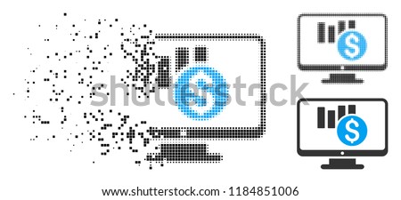 Sales chart monitoring icon in dispersed, pixelated halftone and entire versions. Particles are arranged into vector disappearing sales chart monitoring symbol.