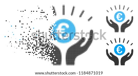 Euro prosperity icon in fractured, pixelated halftone and undamaged versions. Particles are organized into vector dispersed Euro prosperity icon. Disintegration effect uses rectangular scintillas.