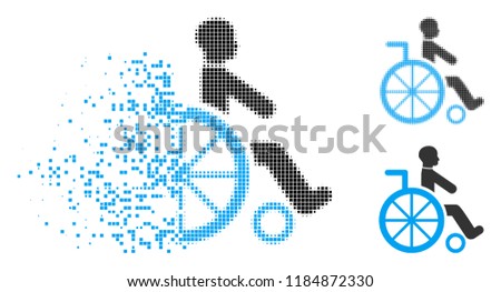 Wheelchair icon in dispersed, pixelated halftone and undamaged versions. Particles are organized into vector dispersed wheelchair icon. Disappearing effect involves rectangular particles.