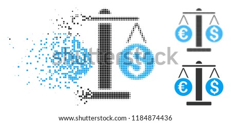 Currency weight icon in dispersed, pixelated halftone and whole versions. Pixels are composed into vector disappearing currency weight shape. Disappearing effect uses rectangle dots.