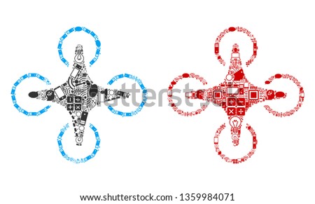 Air Drone composition icons done for bigdata purposes. Vector air drone mosaics are united from computer, calculator, connections, wi-fi, network icons into abstract patterns. Usual and red colors.