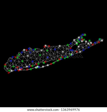 Bright mesh Long Island map with glare effect. Wire carcass polygonal mesh in vector format on a black background. Abstract 2d mesh created from triangular lines, spheric points, colorful glare spots.