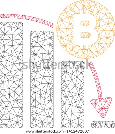 Mesh Bitcoin panic fall chart model icon. Wire carcass polygonal mesh of vector Bitcoin panic fall chart isolated on a white background. Abstract 2d mesh created from polygonal grid and dots.