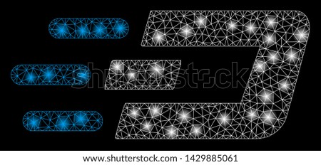 Glossy mesh fast send Dash with glow effect. Abstract illuminated model of fast send Dash icon. Shiny wire carcass triangular mesh fast send Dash. Vector abstraction on a black background.