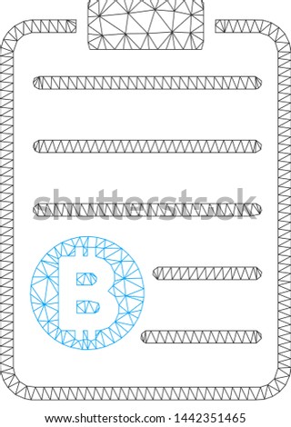 Mesh Bitcoin price list model icon. Wire frame polygonal mesh of vector Bitcoin price list isolated on a white background. Abstract 2d mesh created from polygonal grid and spheric points.