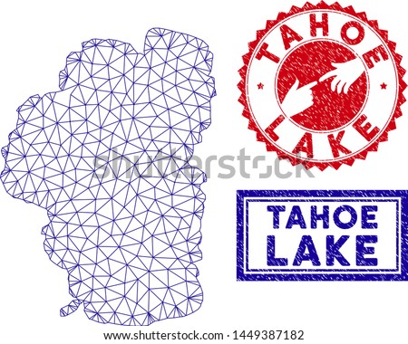 Network polygonal Tahoe Lake map and grunge seal stamps. Abstract lines and small circles form Tahoe Lake map vector model. Round red stamp with connecting hands.