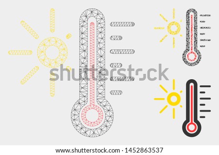 Mesh hot weather model with triangle mosaic icon. Wire frame polygonal network of hot weather. Vector mosaic of triangle elements in variable sizes, and color tones. Abstract flat mesh hot weather,