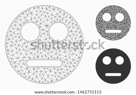 Mesh neutral smiley model with triangle mosaic icon. Wire carcass triangular mesh of neutral smiley. Vector mosaic of triangle parts in various sizes, and color tones. Abstract 2d mesh neutral smiley,