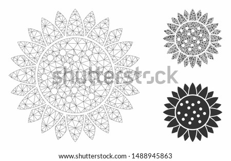 Mesh sunflower flower model with triangle mosaic icon. Wire frame triangular mesh of sunflower flower. Vector mosaic of triangles in variable sizes, and color tinges.