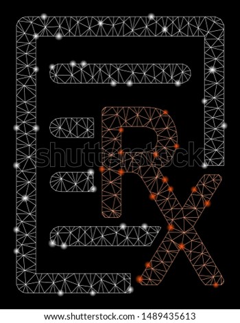 Glowing mesh receipt with sparkle effect. Abstract illuminated model of receipt icon. Shiny wire carcass triangular mesh receipt. Vector abstraction on a black background.