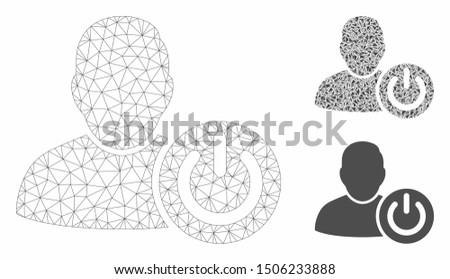 Mesh user log off model with triangle mosaic icon. Wire carcass triangular mesh of user log off. Vector mosaic of triangle parts in variable sizes, and color hues. Abstract flat mesh user log off,