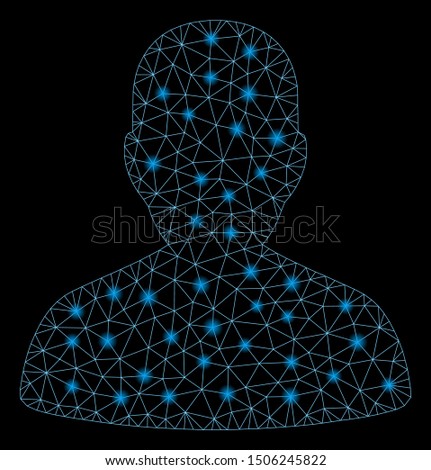 Glossy mesh user account with glitter effect. Abstract illuminated model of user account icon. Shiny wire carcass triangular network user account. Vector abstraction on a black background.