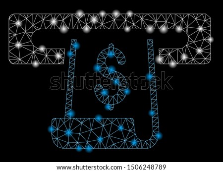 Bright mesh paper receipt slot with glitter effect. Abstract illuminated model of paper receipt slot icon. Shiny wire frame polygonal mesh paper receipt slot. Vector abstraction on a black background.