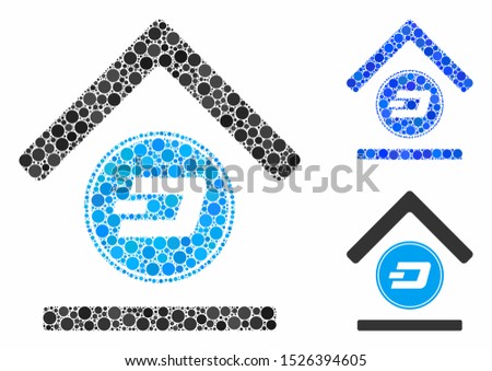 Dash bank mosaic for Dash bank icon of round dots in various sizes and color tinges. Vector round dots are grouped into blue mosaic. Dotted Dash bank icon in usual and blue versions.