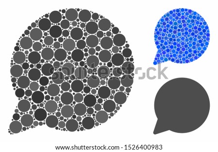 Hint balloon mosaic for hint balloon icon of spheric dots in different sizes and shades. Vector round dots are combined into blue mosaic. Dotted hint balloon icon in usual and blue versions.